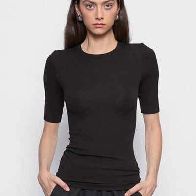 Enza Costa Silk Rib Fitted Half Sleeve Crew | Black - Image 1