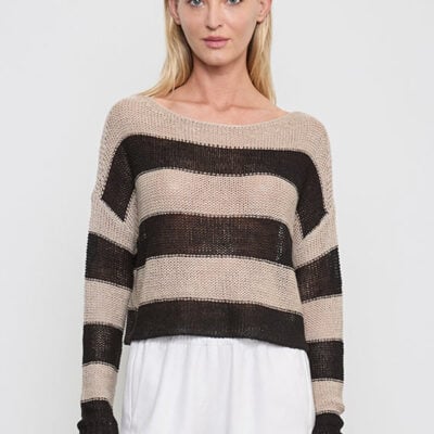 Enza Costa Stripe Linen Bateau Sweater | Black/Oatmeal - Image 1