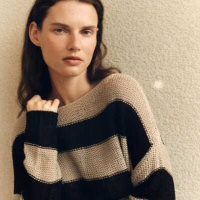 Enza Costa Stripe Linen Bateau Sweater | Black/Oatmeal - Image 2