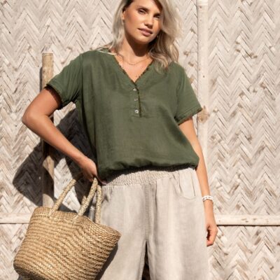 Nomad the Label Vivre French Linen and Cotton Blouse Olive - Image 1