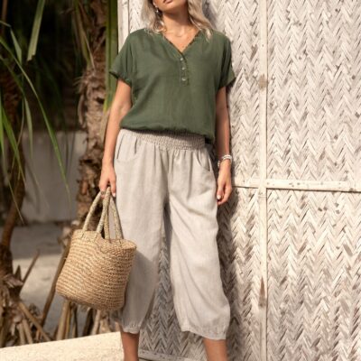 Nomad the Label Vivre French Linen and Cotton Blouse Olive - Image 2