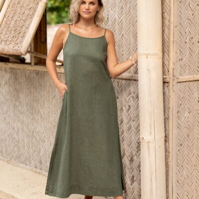 Nomad the Label Peony French Linen Dress Olive - Image 1