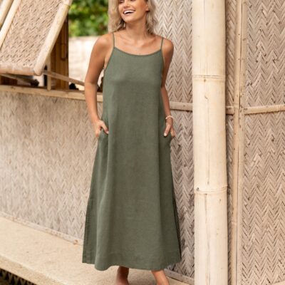 Nomad the Label Peony French Linen Dress Olive - Image 2