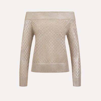 Oscar de la Renta Silver Foil Off-Shoulder Pullover - Image 1