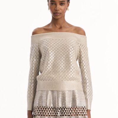 Oscar de la Renta Silver Foil Off-Shoulder Pullover - Image 2