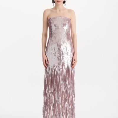 Oscar de la Renta Sequin Fringe Strapless Gown - Image 2