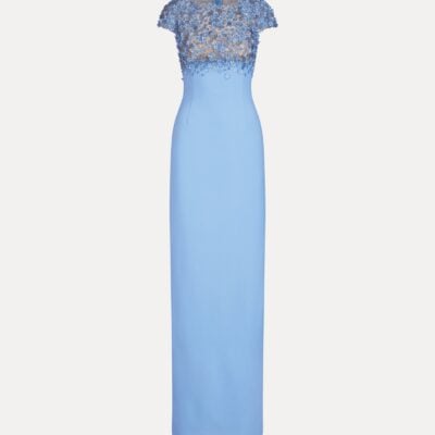 Oscar de la Renta Porcelain Flower Embroidered Cap-Sleeve Gown - Image 1