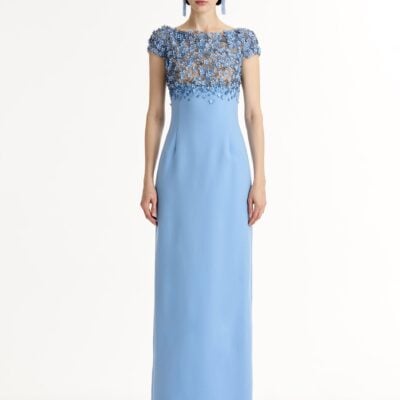 Oscar de la Renta Porcelain Flower Embroidered Cap-Sleeve Gown - Image 2