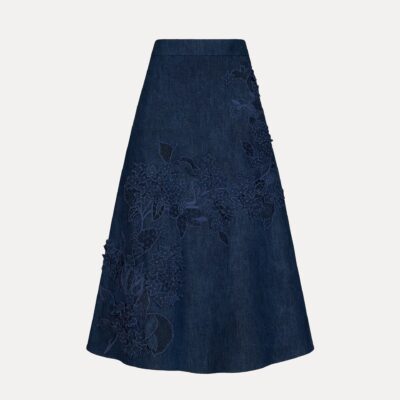 Oscar de la Renta Porcelain Flower Cutout Denim Skirt - Image 1