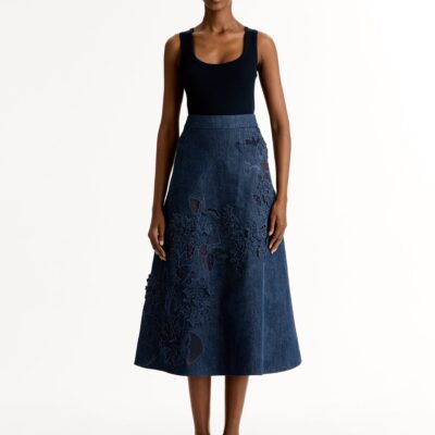 Oscar de la Renta Porcelain Flower Cutout Denim Skirt - Image 2