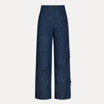 Oscar de la Renta Porcelain Flower Cutout Denim Pant - Image 1