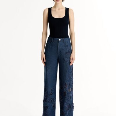 Oscar de la Renta Porcelain Flower Cutout Denim Pant - Image 2