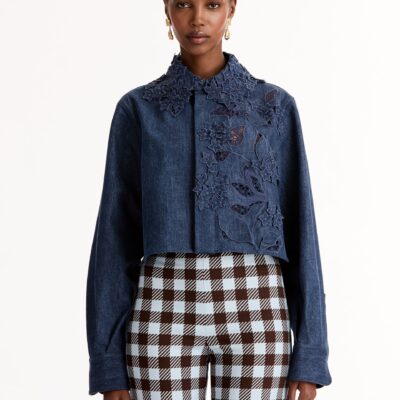 Oscar de la Renta Porcelain Flower Cutout Denim Jacket - Image 2