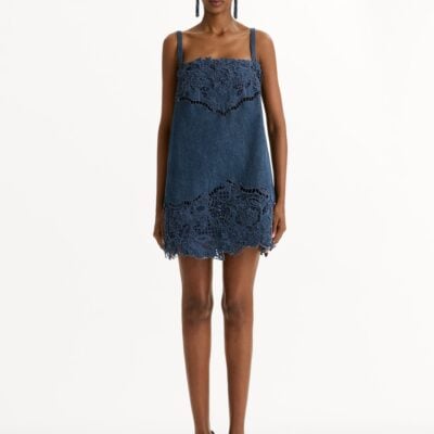 Oscar de la Renta Porcelain Flower Cutout Denim Dress - Image 2