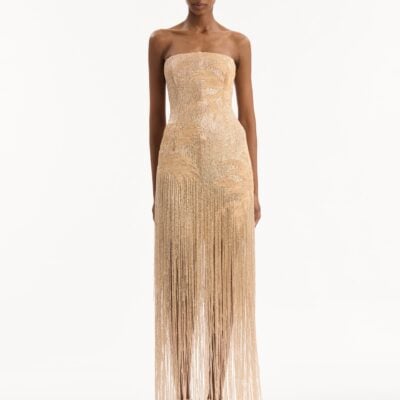 Oscar de la Renta Palm Tree Raffia Fringe Gown - Image 2