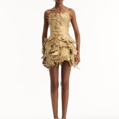 Oscar de la Renta Palm Leaves Metallic Cocktail Dress - Image 2