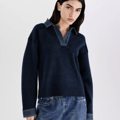 Rag & Bone Marie Denim-Trim Polo Sweater - Image 1