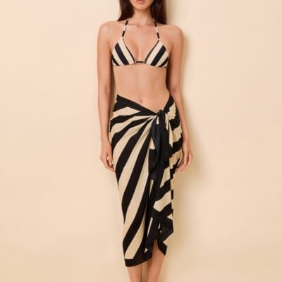 Solid & Striped Silk Blend Pareo Noir / Khaki Stripe - Image 1