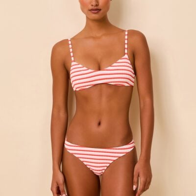 Solid & Striped Rachel Luxe Ribbed Bikini Top Coral / Carnation / Optic White Stripe - Image 1