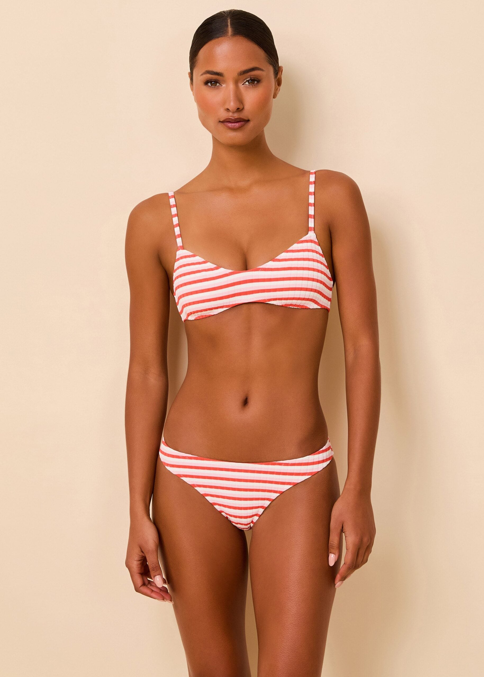 Solid & Striped Rachel Luxe Ribbed Bikini Top Coral / Carnation / Optic White Stripe - Image 1