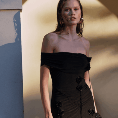 Suboo Sal Mesh 3D Flower Embellished Off-Shoulder Maxi Dress - Image 2