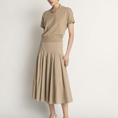 Veronika Maine Stretch Cotton Pleat Midi Skirt - Image 1