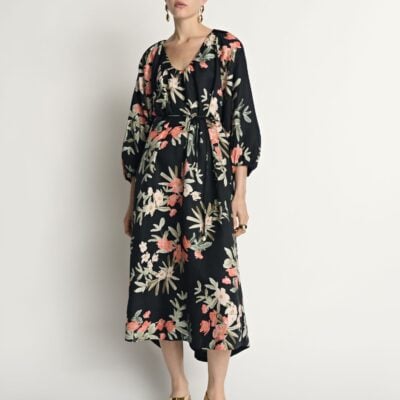 Veronika Maine Palm Floral Viscose Linen Midi Dress - Image 1