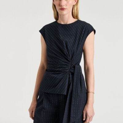 Veronika Maine Navy Pinstripe Twist Top - Image 1