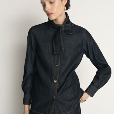 Veronika Maine Denim Tie Neck Shirt - Image 2