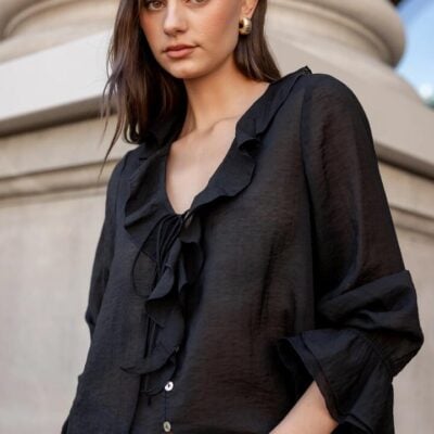 Among the Brave Bohemian Black Sheer Frill Front Blouse