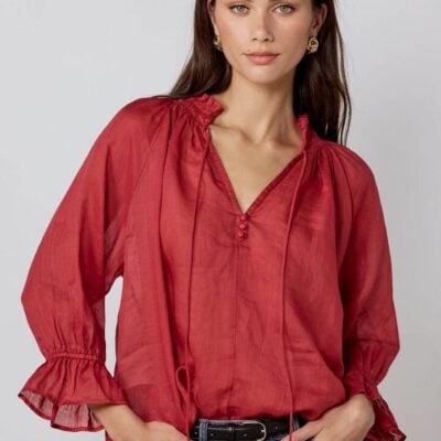 Among the Brave Odyssey Red Shirred Neck Button Mid Sleeve Top