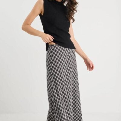 Among the Brave Soulmate Black White Check Bias Cut Midi Skirt