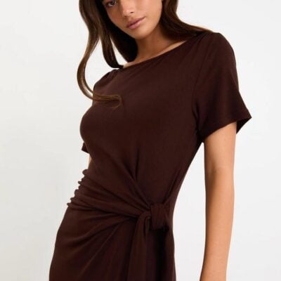 Among the Brave Vortex Chocolate Short Sleeve Waist Tie Knit Tee Shirt Dress