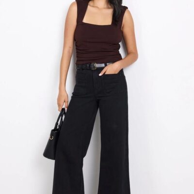 Among the Brave Zoey Black Petite High Rise Wide Leg Pocket Jean