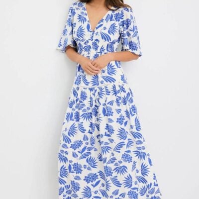 By Rosa. Fluent Blue Lotus Flutter Sleeve Tiered Maxi Dress