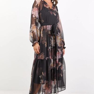 By Rosa. Primrose Black Bouquet Raglan Sleeve Tier Maxi Dress