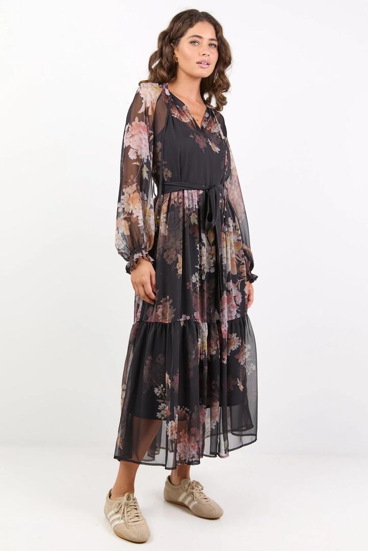 By Rosa. Primrose Black Bouquet Raglan Sleeve Tier Maxi Dress