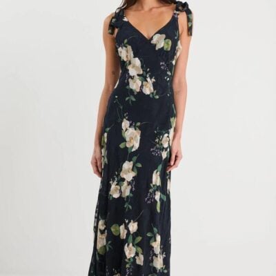 By Rosa. Serenade Black and Blush Floral Tie Straps Slip Maxi Dress