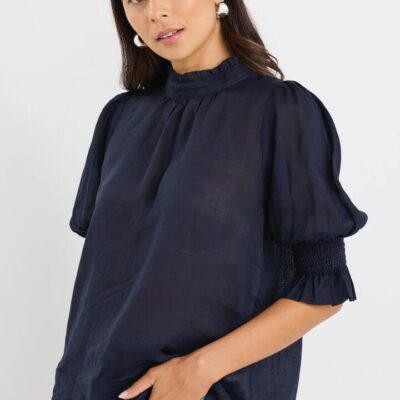 By Rosa. Verse Navy Sheer High Neck Short Sleeve Top