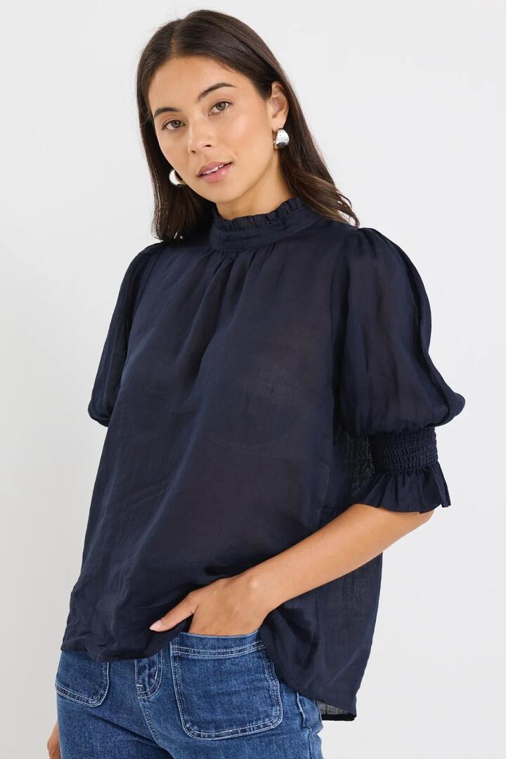 By Rosa. Verse Navy Sheer High Neck Short Sleeve Top