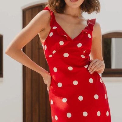 Georgia Zoe Delightful Cherry Polka Dot Satin Bias Slip Maxi Dress