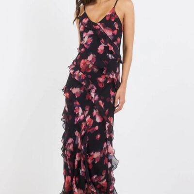 Georgia Zoe Galore Black Pink Abstract Print Bias Ruffle Slip Maxi Dress