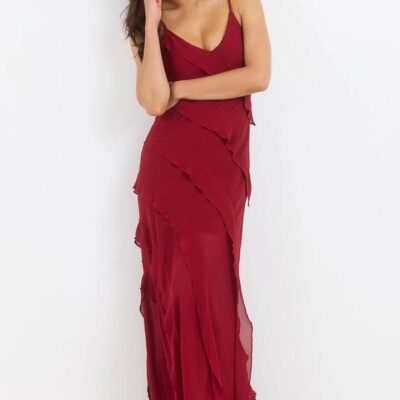 Georgia Zoe Galore Dark Red Georgette Bias Ruffle Slip Maxi Dress