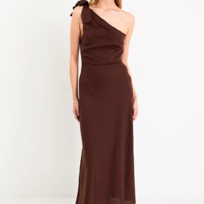 Georgia Zoe Mirror Chocolate Linen Blend One Shoulder Bow Midi Dress