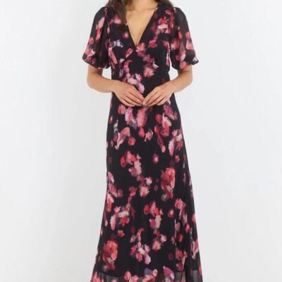 Georgia Zoe Noble Black Pink Abstract Print V Neck Puff Sleeve Midi Dress