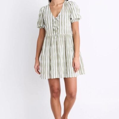Ivy + Jack Frontier Khaki Stripe Puff Sleeve Tie Mini Dress
