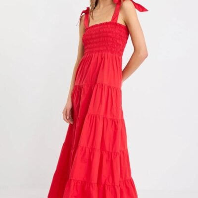 Ivy + Jack Isabella Cherry Red Cotton Poplin Strappy Tiered Maxi Dress