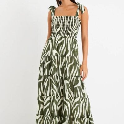 Ivy + Jack Isabella Khaki Zebra Strappy Tiered Maxi Dress