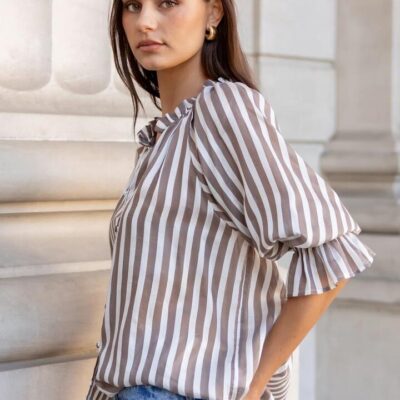 Ivy + Jack Noetic Chocolate Stripe Short Sleeve Blouse