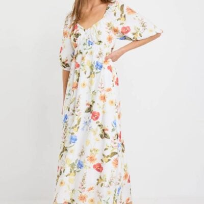 Ivy + Jack Posy Cream Garden Print Sweetheart Puff Sleeve Midi Dress
